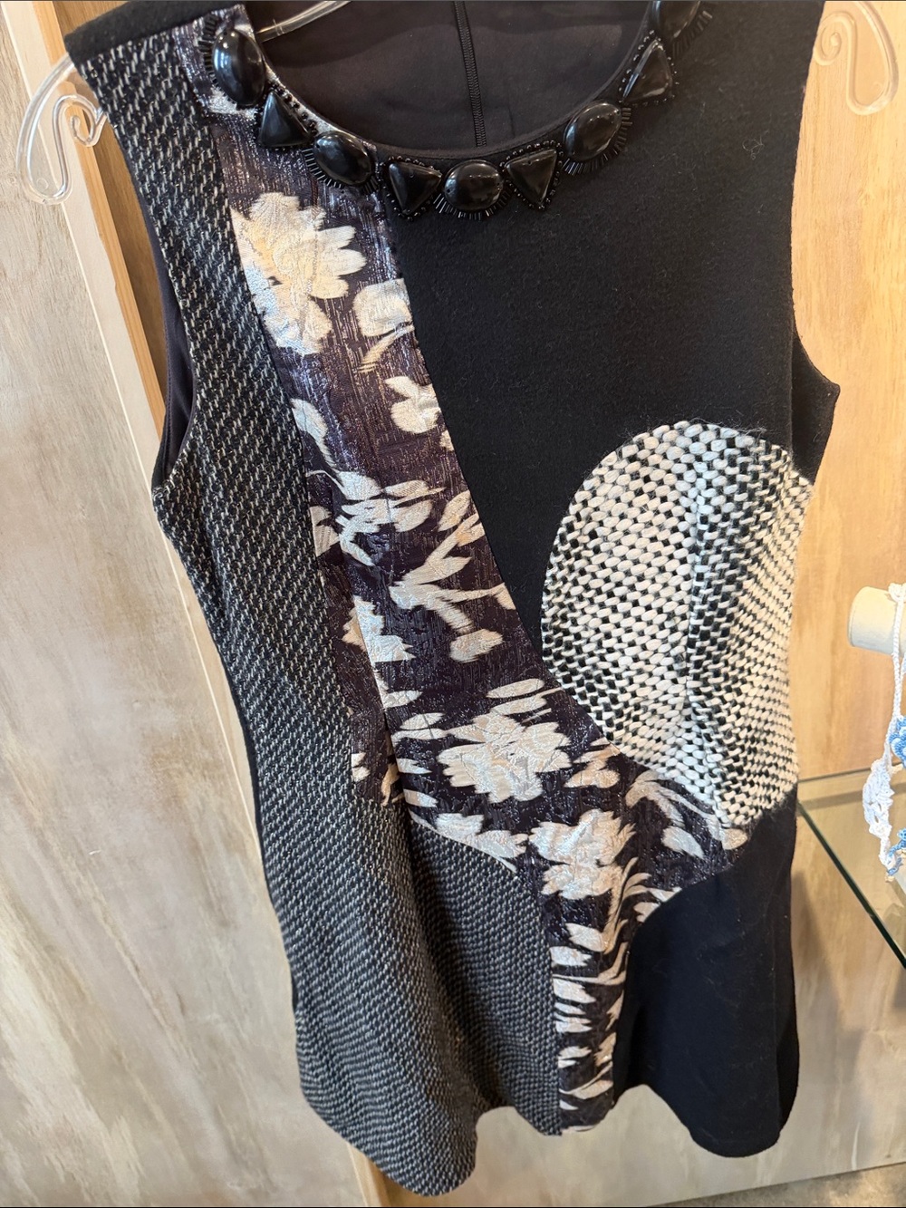 Sleeveless Black Mixed-Pattern Midi Dress with Floral Panel